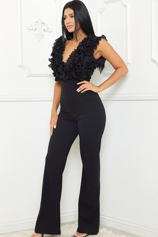 Fallen Mesh Ruffle Top Jumpsuit (Noir)