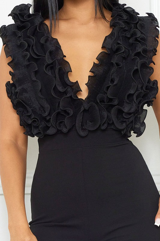 Fallen Mesh Ruffle Top Jumpsuit (Noir)