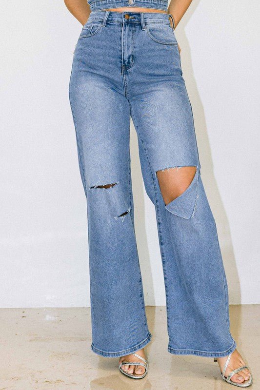 Amber High - Waisted Distressed Wide - Leg Jeans - Fashionistar boutique