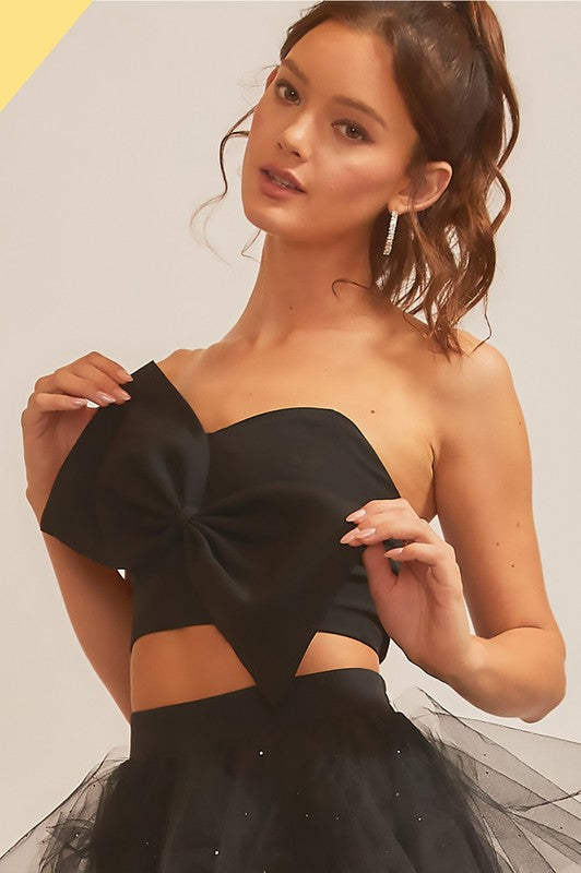 Mia Bold Bow Strapless Crop Top, Black