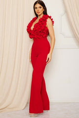 Fallen Mesh Ruffle Top Jumpsuit (Red) - Fashionistar boutique