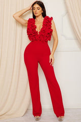 Fallen Mesh Ruffle Top Jumpsuit (Red) - Fashionistar boutique
