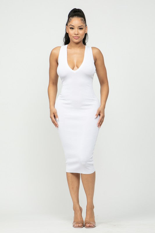 Olivia V-Cut Racerback Midi Dress (White)