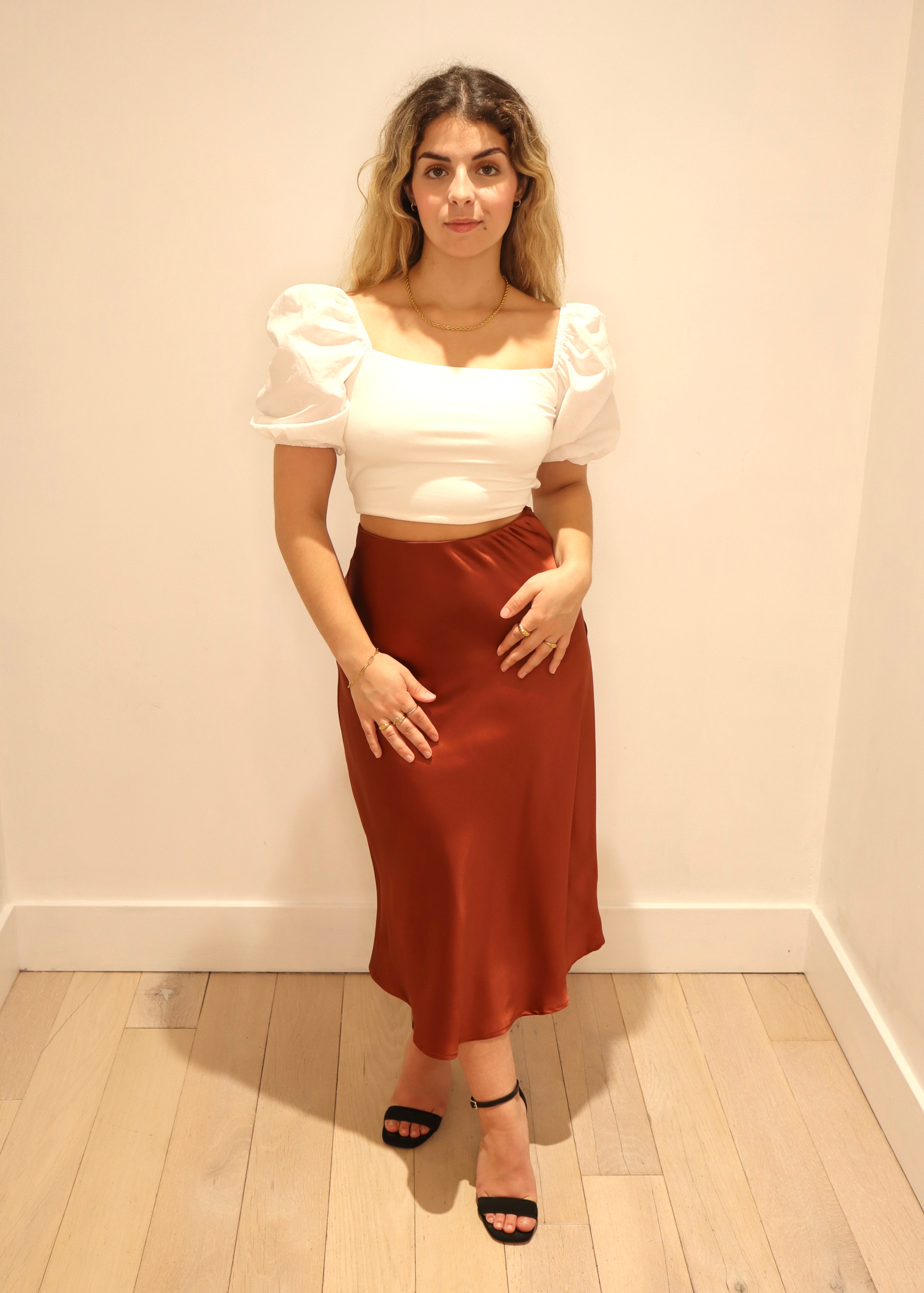 Jenifer satin midi skirt, Rust