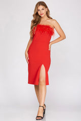 Selena long feather dress, red - Fashionistar boutique